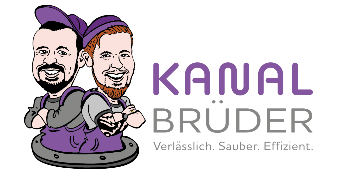 Kanalbrüder Logo Cartoonhafte Darstellung von zwei Männern mit Werkzeugen, um einen Kanaldienst zu bewerben.
