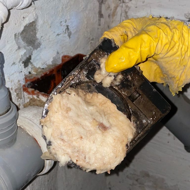Rückstauklappen Wartung Eine Hand zeigt eine mit statken Ablagerungen bedeckte Rückstauklappe.